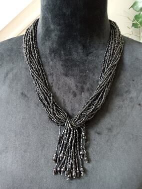 Black Multi Strand Seed Bead Necklace Twisted Tassel Statement Bib Collar